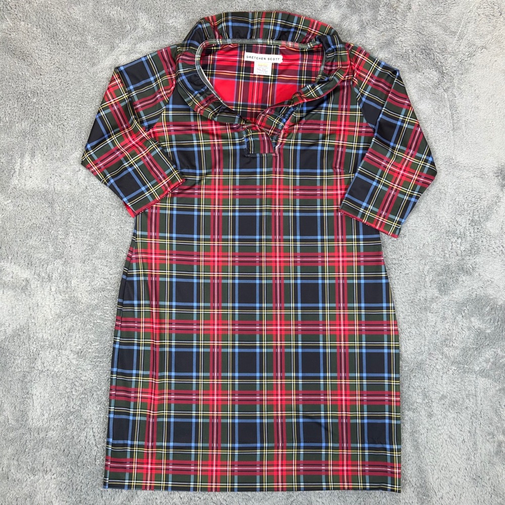 Gretchen Scott Women Plaid Ruffle Collar Shift Dress Multi-Color 3/4 Sleeve